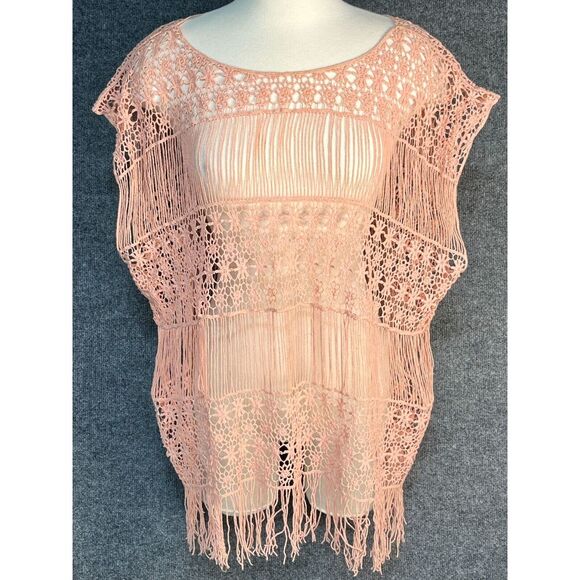 living doll Other - Living Doll LA Crochet Beach Cover Up Fringe‎ Hem Oversized Pink Women Size XS/S